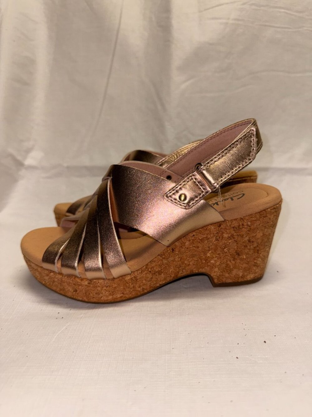 Clarks Collection Giselle Glow Metallic Rose Gold Leather Cork Wedge Sandals